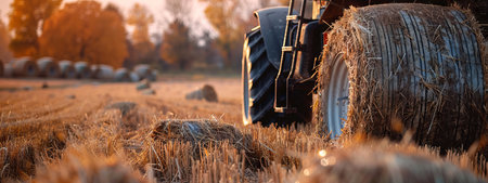 Tractor in a Field at Sunset with Bales of Hay Nearby. Concept of agriculture, farming, rural life,...