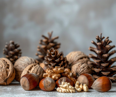 Natural arrangement of pine cones walnuts and acorns on a textured surface Concept of autumn nature rustic decoration fall harvest. Copy space.の写真素材