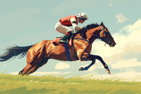 Caucasian male jockey on a horse mid-race leaping over a hurdle. Concept of equestrian sports, horseback riding, racing, competition.の写真素材