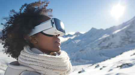 African American woman using virtual reality headset in snowy mountainous landscape. Concept of VR technology, winter adventure, immersive experience, futuristic travel. Copy space.の写真素材
