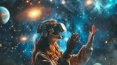 Caucasian woman wearing VR headset in a space environment. Concept of virtual reality, immersive experience, futuristic technology. Copy space.の写真素材