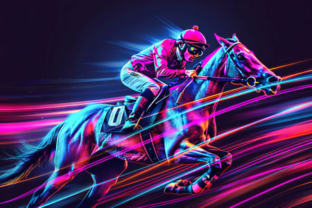 Neon art of male jockey riding a horse in a race. Concept of horse racing, equestrian sport, jockey, night race.の写真素材