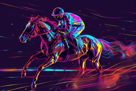 Neon-colored jockey riding a racehorse under vibrant lights. Concept of horse racing, equestrian sport, jockey performance, racehorse speed.の写真素材