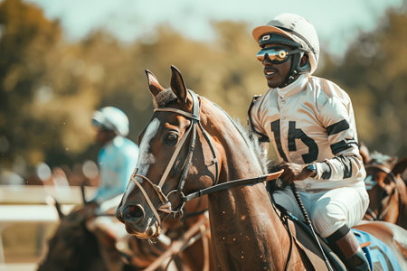 African American male jockey riding a horse during a race. Concept of equestrian sport, horse racing, jockey training, competitive racing.の写真素材