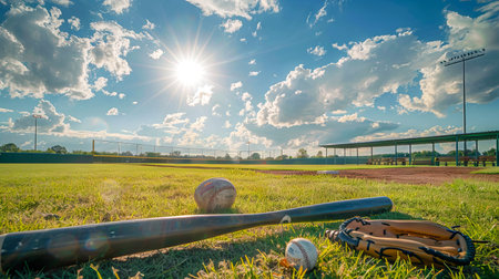 Baseball field with bat, glove, and balls under a sunny sky and clouds. Concept of American sport, outdoor activity, summer game, recreational pastime.の写真素材