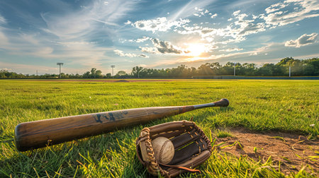 Baseball field with bat, glove, and balls under a sunny sky and clouds. Concept of American sport,...