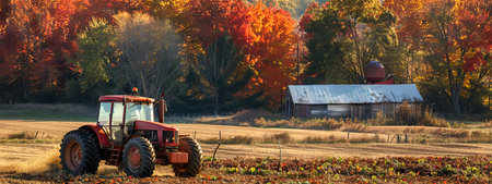 Red tractor on a field with a barn and autumn trees in the background. Concept of agriculture, rural life, farming, countryside.の写真素材