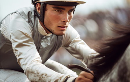 Equestrian man in racing helmet on galloping horse during competition. Concept of jockey, horse racing, sport, competition.の写真素材