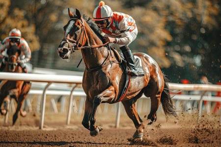 Horse racing with jockey competing on a dirt track. Concept of equestrian sport, racehorse,...
