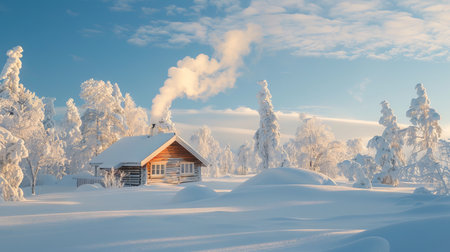 Snow-covered cabin in a winter forest at sunrise. Concept of wintertime, snow scenery, peaceful retreat, nature sunrise.の写真素材