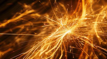 Bright golden sparks in motion. Concept of light trails, celebration, energy, dynamic movement. Copy...