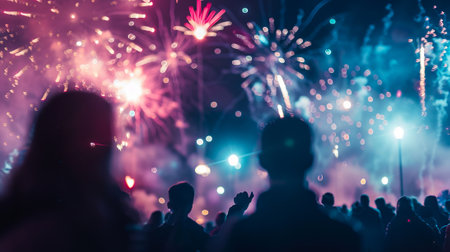 People watching colorful fireworks in a city street at night. Concept of celebration, festival, nightlife, urban gathering.の写真素材