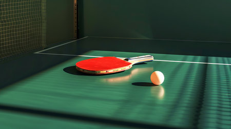 Table tennis paddle and ball on an indoor ping pong table. Concept of table tennis equipment, indoor sports, racquet sport, recreational activity.の写真素材
