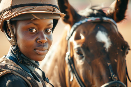 African American female equestrian wearing a helmet standing beside a horse. Concept of woman rider,...