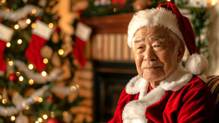 Asian elderly man with Santa Claus costume and hat in front of a decorated Christmas tree. Concept of festive holidays, joyful celebration, senior man, winter tradition.の写真素材
