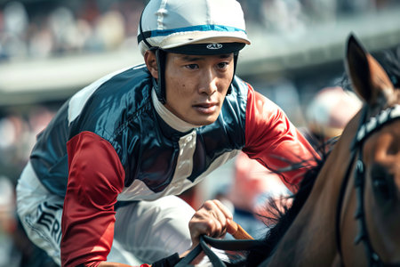 Asian male jockey in a horse racing event. Concept of equestrian sports, horse riding, competition,...
