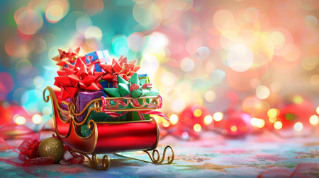 Festive sleigh with colorful wrapped presents on a snowy surface. Concept of holiday gifts, Christmas celebration, winter festivity, seasonal joy. Copy space.の写真素材