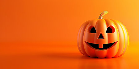 Carved pumpkin with a smiling face on an orange background. Concept of Halloween, holiday, decoration, autumn celebration, jack-o-lantern. Copy space.の写真素材