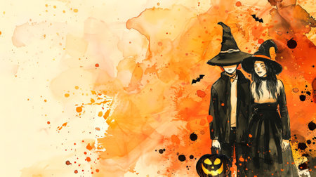 Watercolor illustration of a couple in matching Halloween costumes with Jack-o-lanterns and bats. Concept of Halloween celebration, spooky couple, festive costumes, and autumn decor.の写真素材