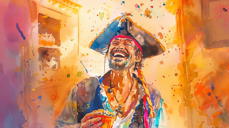 Watercolor art of a bearded pirate holding two mugs in a colorful scene. Concept of Halloween,...