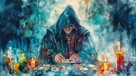 Man with cards and candles in a mystical setting. Concept of fortune telling, divination, occultism, spirituality.の写真素材