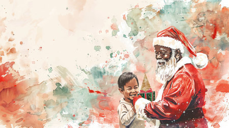 Watercolor illustration of African American Santa Claus giving a Christmas gift to an Asian boy. Concept of holiday, celebration, festivity, gift-giving. Copy space.の写真素材