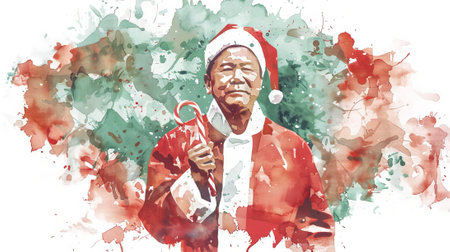 Asian elderly man dressed as Santa Claus holding a candy cane in a watercolor illustration. Concept of Christmas, holiday spirit, festive season, joyful celebration.の写真素材