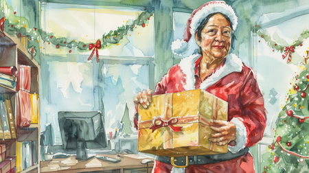 Woman in Santa Claus costume holding a gift with a Christmas tree in the background. Concept of holiday season, festive spirit, giving, celebration. Copy space.の写真素材