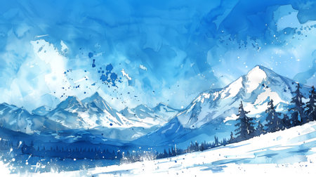 Watercolor illustration of a snowy mountain landscape with pine trees. Concept of winter scenery, serene nature, alpine beauty, and cold season.の写真素材