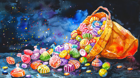 Bright watercolor painting of assorted colorful candies spilling from wicker basket on a starry night background. Concepts of sweets, confectionery, dessert, sugary treats, Halloween, trick-or-treat. Copy space.の写真素材