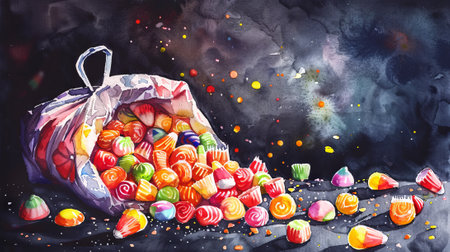 Bright watercolor painting of assorted colorful candies spilling from a bag on a starry night background. Concepts of sweets, confectionery, dessert, sugary treats. Copy space.の写真素材