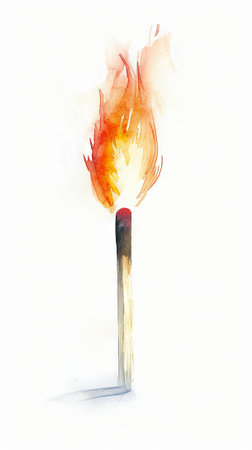 Watercolor art of a burning matchstick with a vibrant flame. Concept of fire, ignition, energy, heat. Vertical.の写真素材