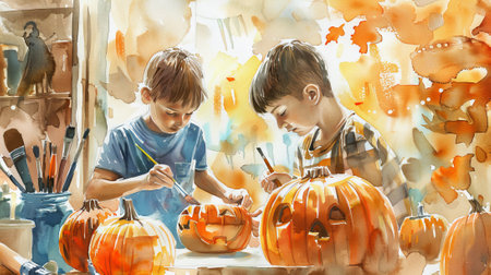 Watercolor art of two children painting pumpkins. Concept of kids crafting, Halloween activities, autumn festivity.の写真素材