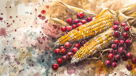 Watercolor painting of corn and cranberries on a vibrant background. Concept of autumn harvest, food illustration, seasonal produce, artistic design.の写真素材