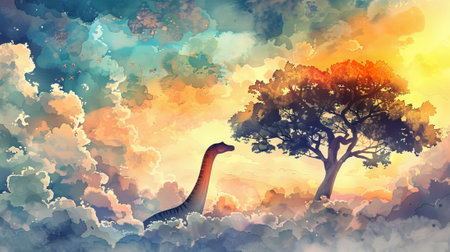 Watercolor illustration of a dinosaur and tree under a colorful sky. Concept of prehistoric life, nature artwork, extinction awareness.の写真素材