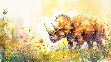 Watercolor painting of a Triceratops in a floral landscape. Concept of prehistoric creatures, artistic illustration, natural environment, dinosaur.の写真素材