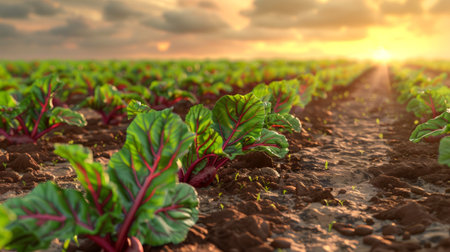 Field of leafy greens with a vibrant sunset backdrop. Concept of agriculture, farming, growth,...