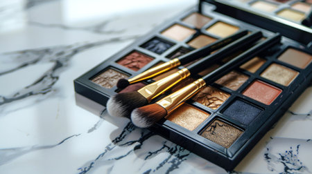Colorful eye shadow palette with brushes on marble background. Concept of makeup, beauty, cosmetics,...