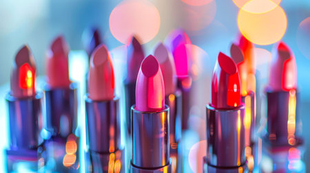 Vibrant collection of various lipstick shades. Concept of beauty products, makeup, cosmetic industry.の写真素材