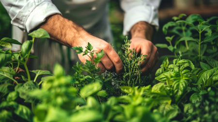 Chef in a white coat picking fresh herbs in a garden. Concept of culinary, cooking, gardening, organic ingredients.の写真素材