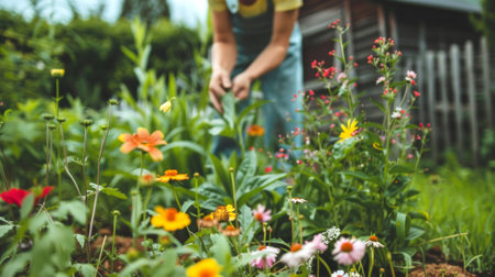 Caucasian person gardening with flowers in a lush backyard garden. Concept of horticulture, plant care, home garden, outdoor activity.の写真素材