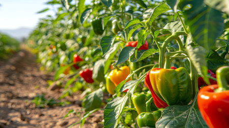 Vibrant bell peppers growing on plants in a farm field. Concept of agriculture, vegetable cultivation, organic farming, fresh produce.の写真素材