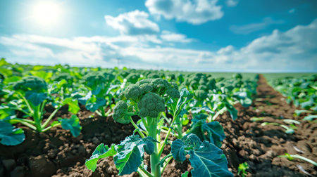 Fresh broccoli plants growing in a sunlit garden. Concept of organic farming, healthy eating, vegetable cultivation, agriculture.の写真素材