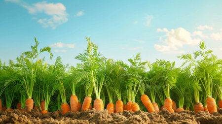 Freshly grown carrots in the soil under a sunny sky. Concept of organic farming, agricultural produce, harvest, healthy food.の写真素材