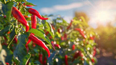 Red chili peppers growing in a sunlit garden. Concept of agriculture, organic farming, spicy ingredients, fresh produce.の写真素材
