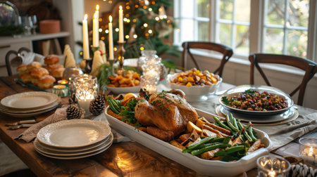 Festive holiday feast with roasted turkey centerpiece on a decorated dining table. Concept of family...