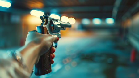 Close-up of a Woman Aiming a Revolver in a Shooting Range. Concept of Self-Defense, Firearms Training, Shooting Practice, Marksmanship.の写真素材