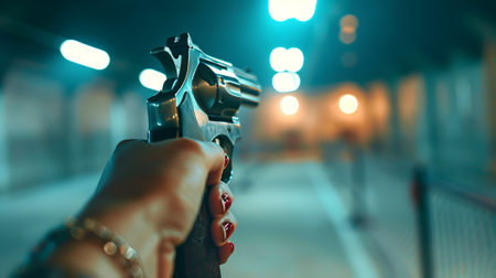 Close-up of a Woman Aiming a Revolver in a Shooting Range. Concept of Self-Defense, Firearms...
