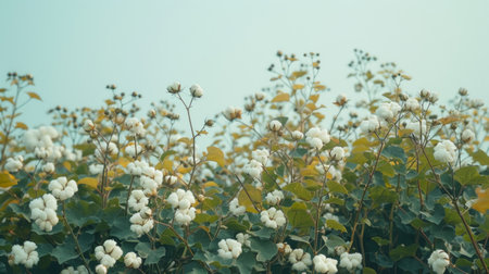 Vast cotton field in full bloom under a clear sky. Concept of agriculture, farming, crop growing, natural fiber.の写真素材