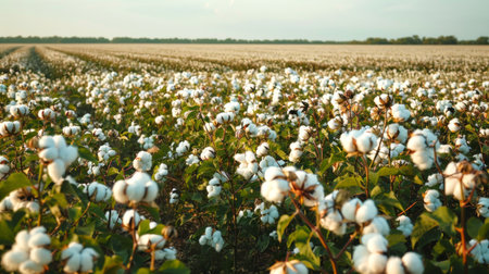 Vast cotton field in full bloom under a clear sky. Concept of agriculture, farming, crop growing, natural fiber.の写真素材